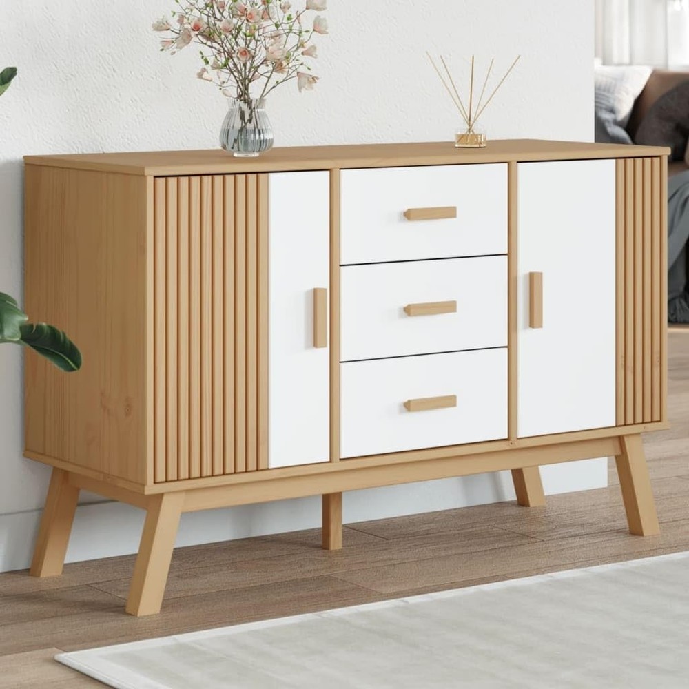 White Brown Solid Pine Wood Sideboard for Dining Room