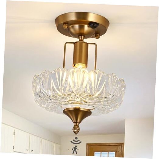Motion Sensor Semi Flush Mount Ceiling Light Gold Hallway Light Fixture with