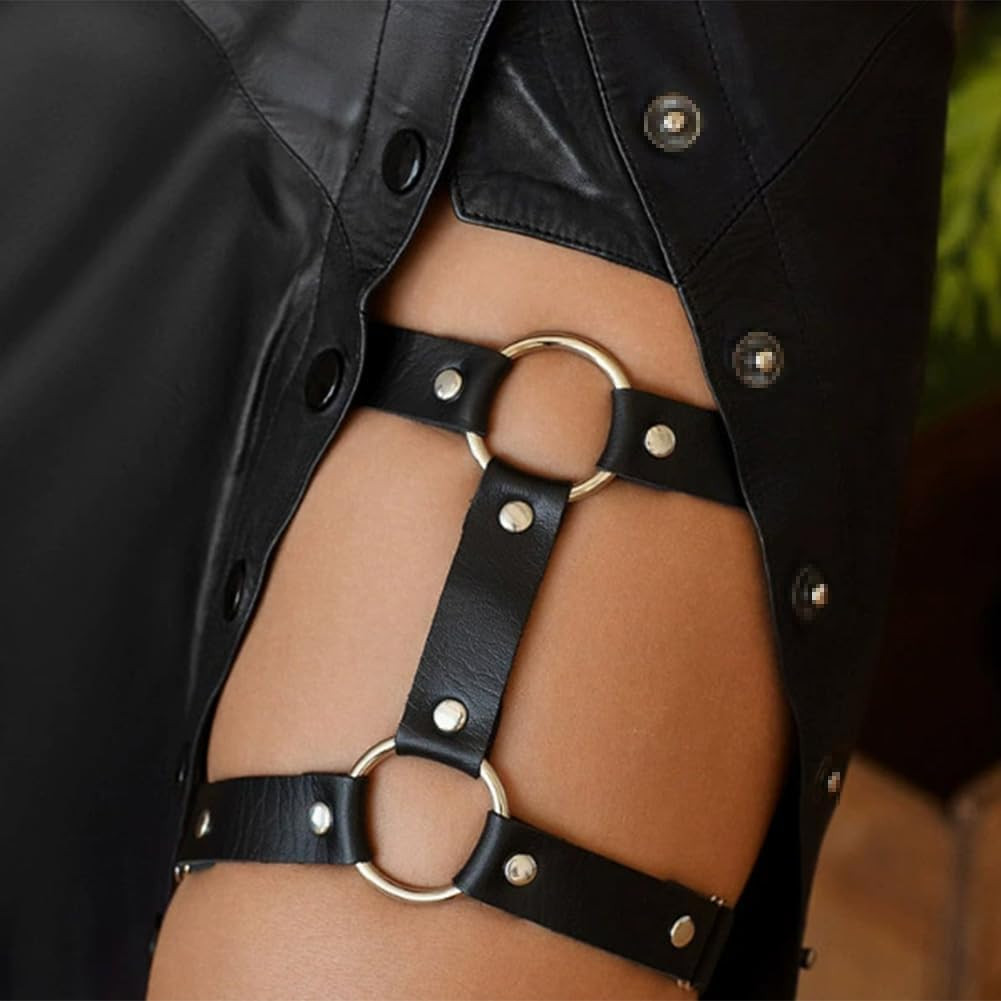 Black PU Leather 2 Rows Leg Harness Adjustable Elastic Punk Garter Belt Gothic T