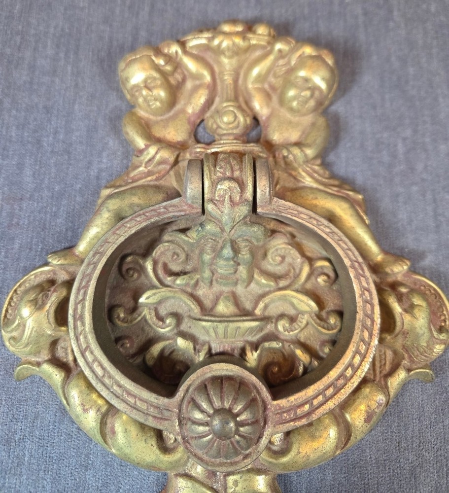 Large Solid Brass Cherub Door Knocker with Dogs and Gargoyle