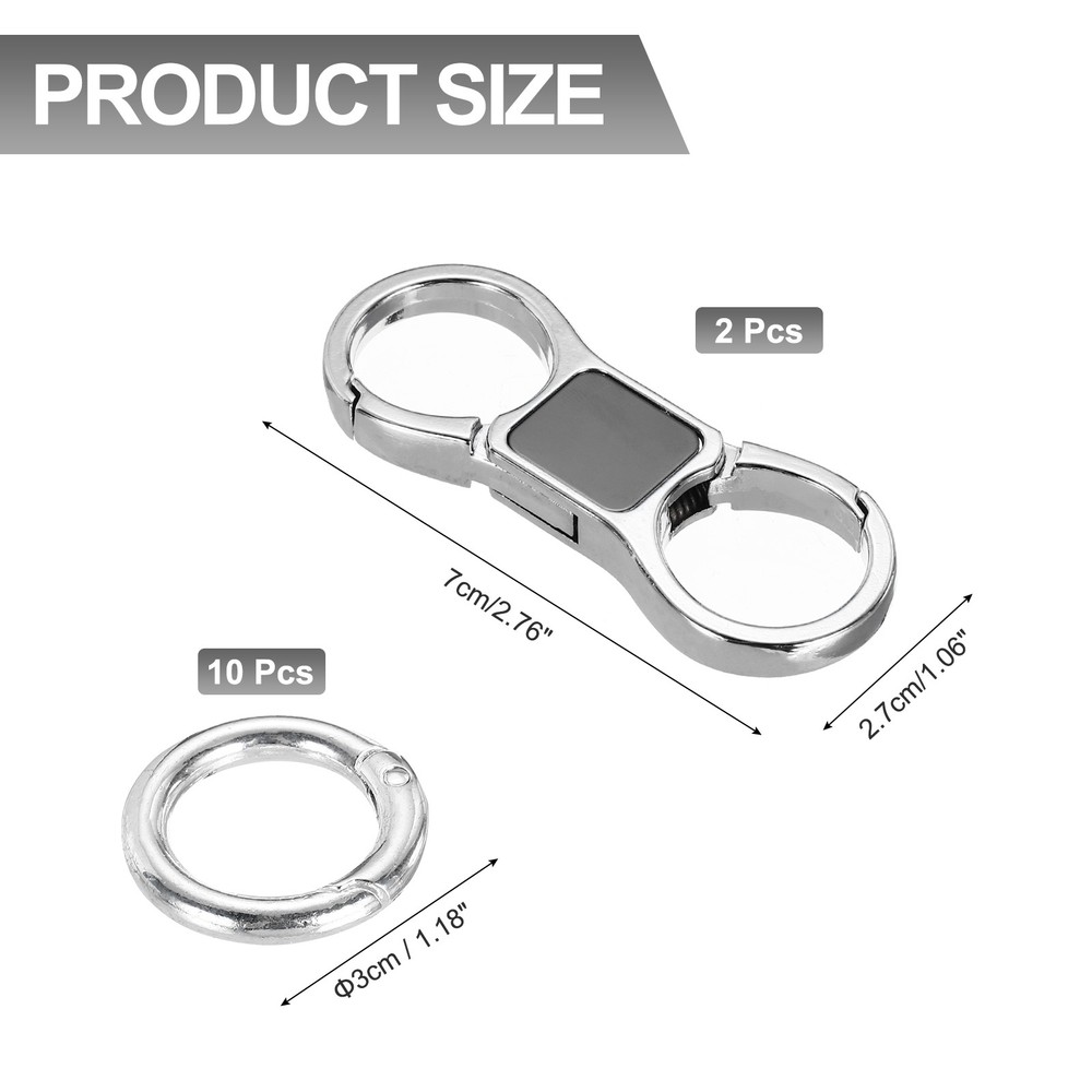 2 Pcs Quick Release Keychain, Keychain with 10 Round Clips, Silver Tone