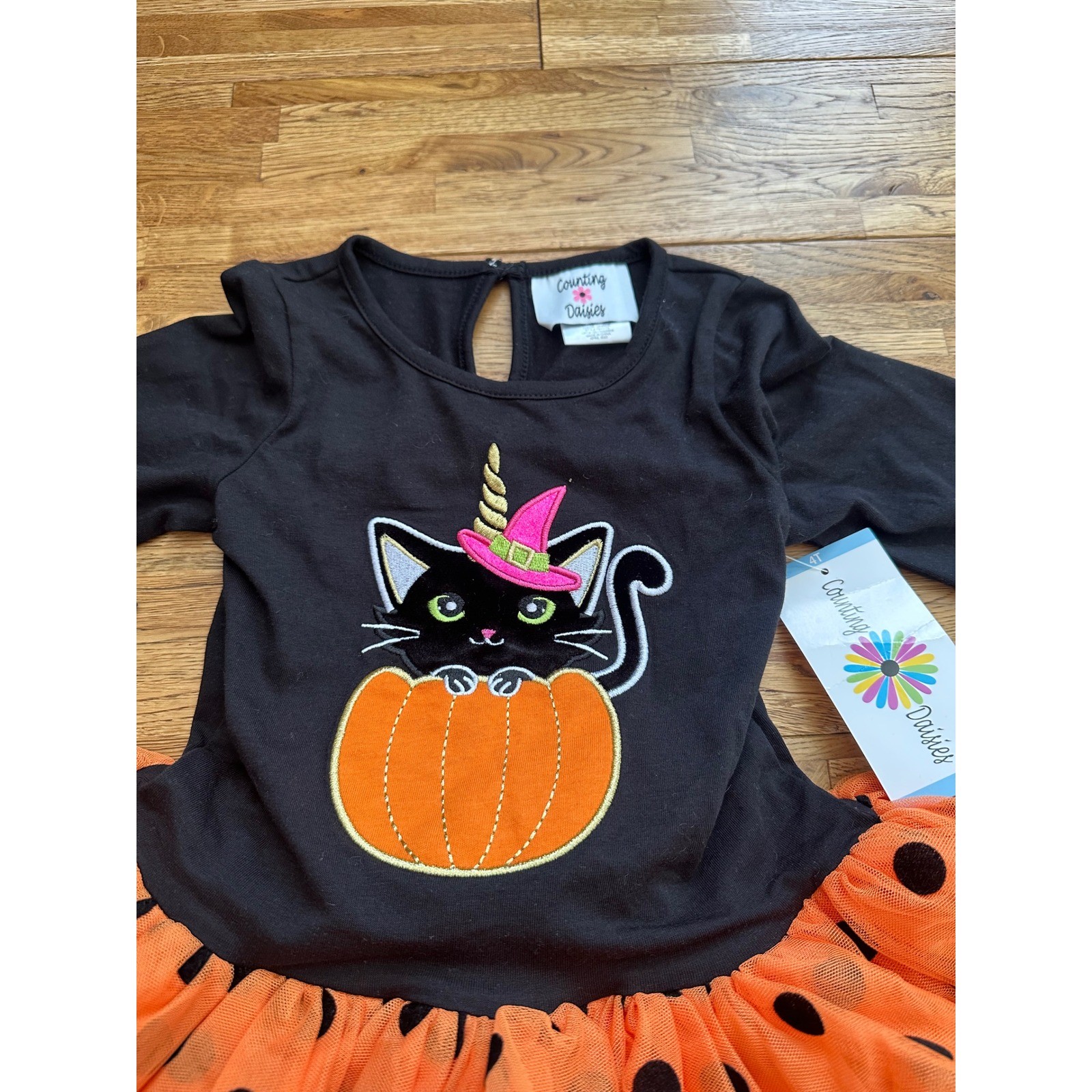 Counting Daisies Halloween Outfit 4T Black Cat Pumpkin Tutu Leggings Set