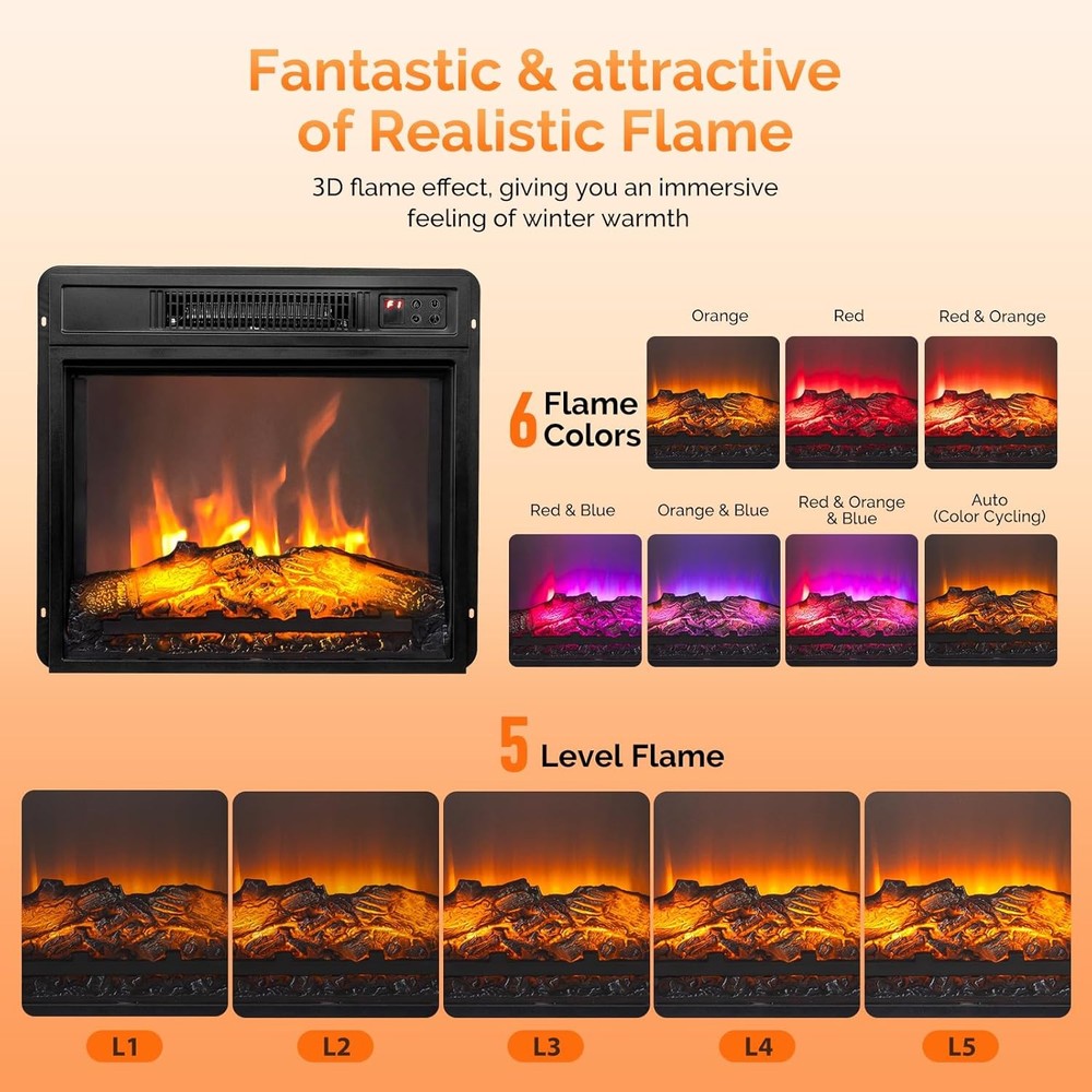 18" Electric Fireplace,6 Flame Modes Heater Insert w/ Remote Control 1400W