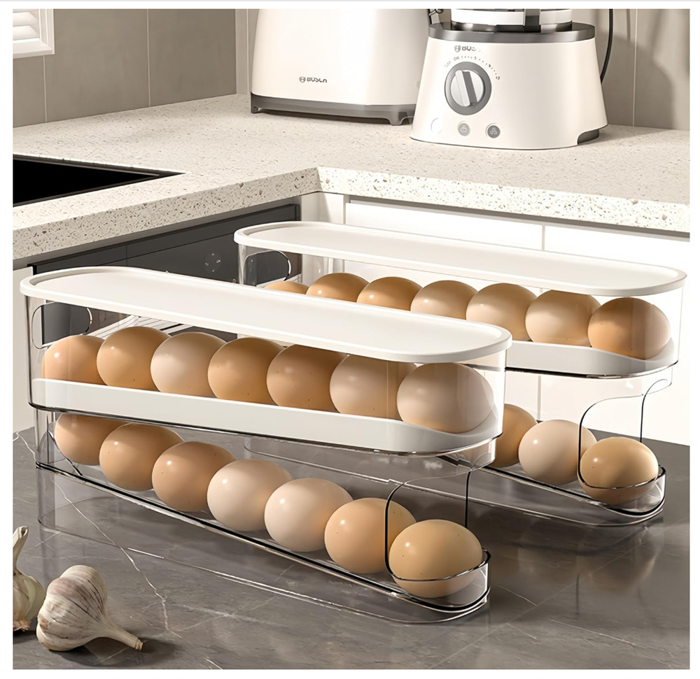Auto Rolling Egg Organizer Fridge Dispenser Storage Holder 12 Eggs Clear