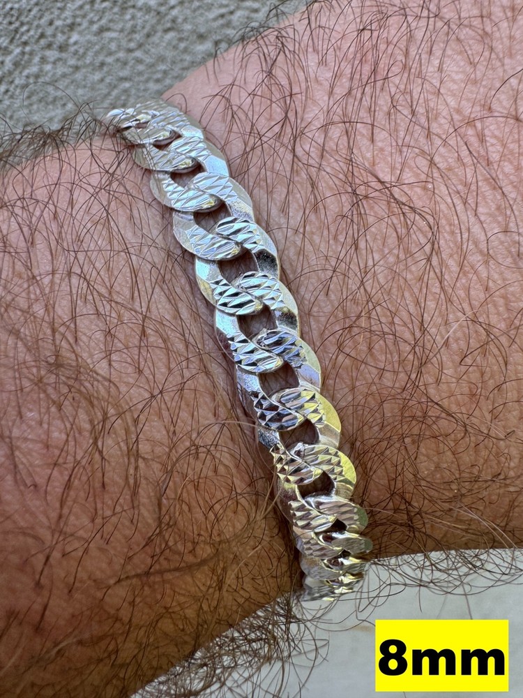 Real Solid 925 Silver Flat Diamond Cut Curb Cuban Link Bracelet 4-8mm