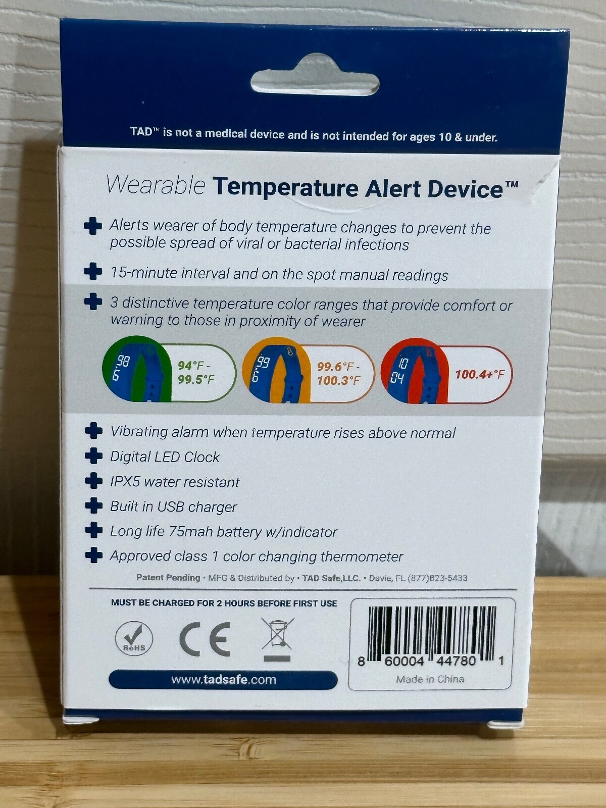 New in Box TAD Safe Wearable "Temperature Alert Device" - Blue Silicone Band