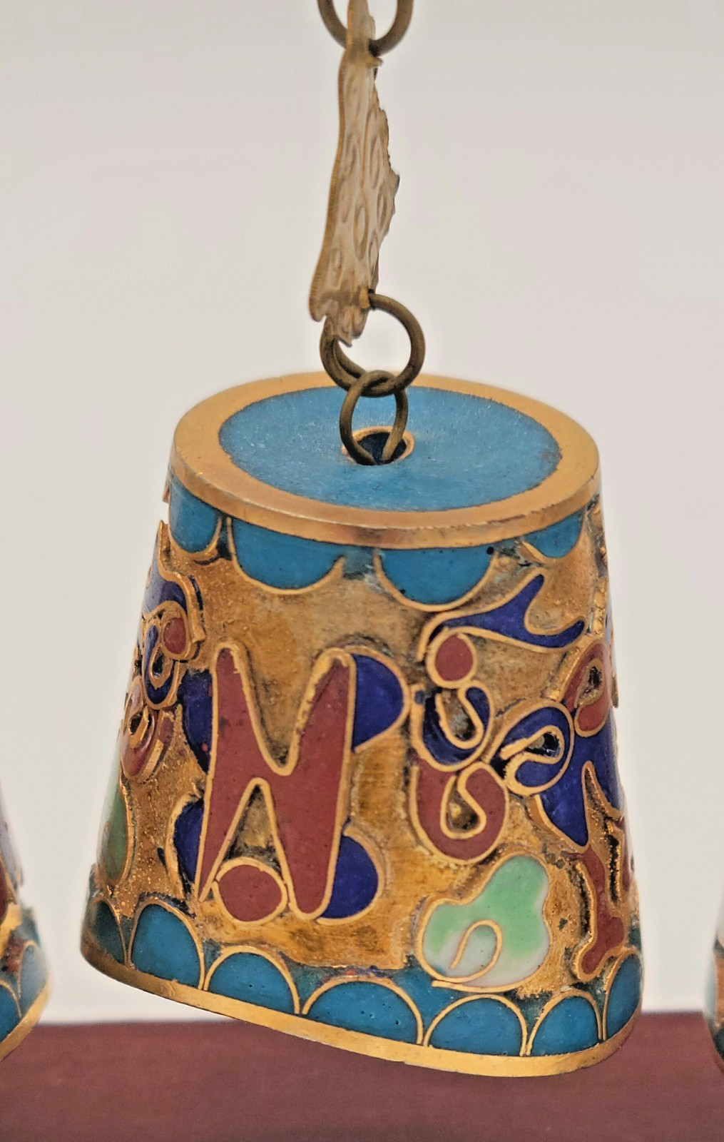 Chinese Cloisonne Graduated Musical Bell Set on Wood Carved Stand FREE SHIP