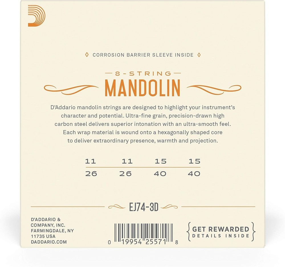 EJ74-3D by D'Addario - Durable Phosphor Bronze Mandolin Strings, 8-String Pack