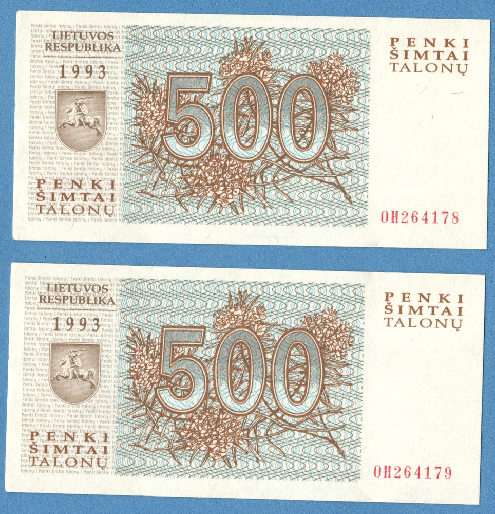 LITHUANIA consecutive numbers PAIR 500 TALONU 1993 UNC WOLVES 3936