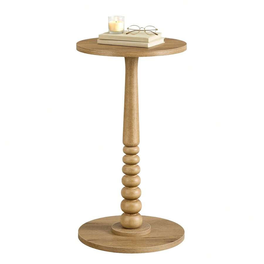 Round Mid-Century Side Table, Solid Wood Legs, Compact For Small Spaces