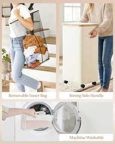 Laundry Hamper with Wheels Large Clothes Hamper with Removable Inner 75L Beige