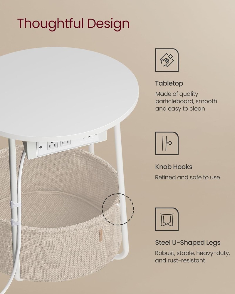Durable Collection Side Table W/ Charging Station Round End Table Fabric Basket