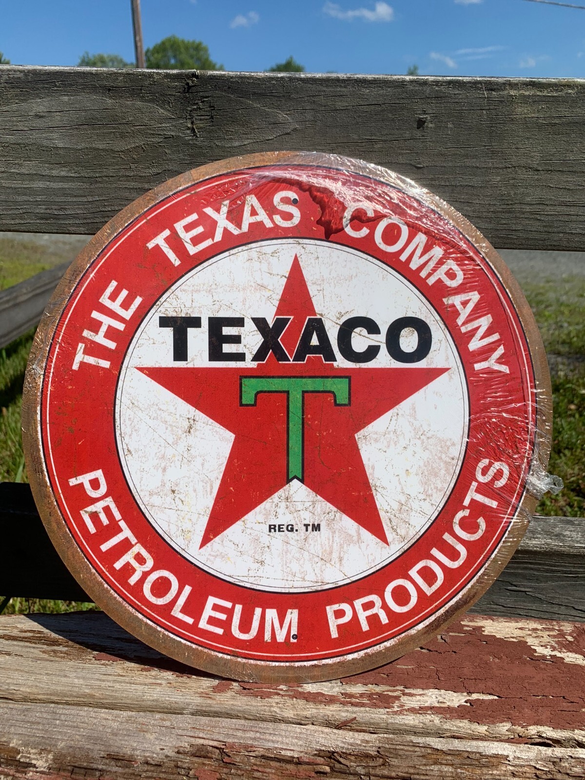 Texaco Petroleum Products Round Metal Sign Tin Vintage Garage Gas Oil  Rustic