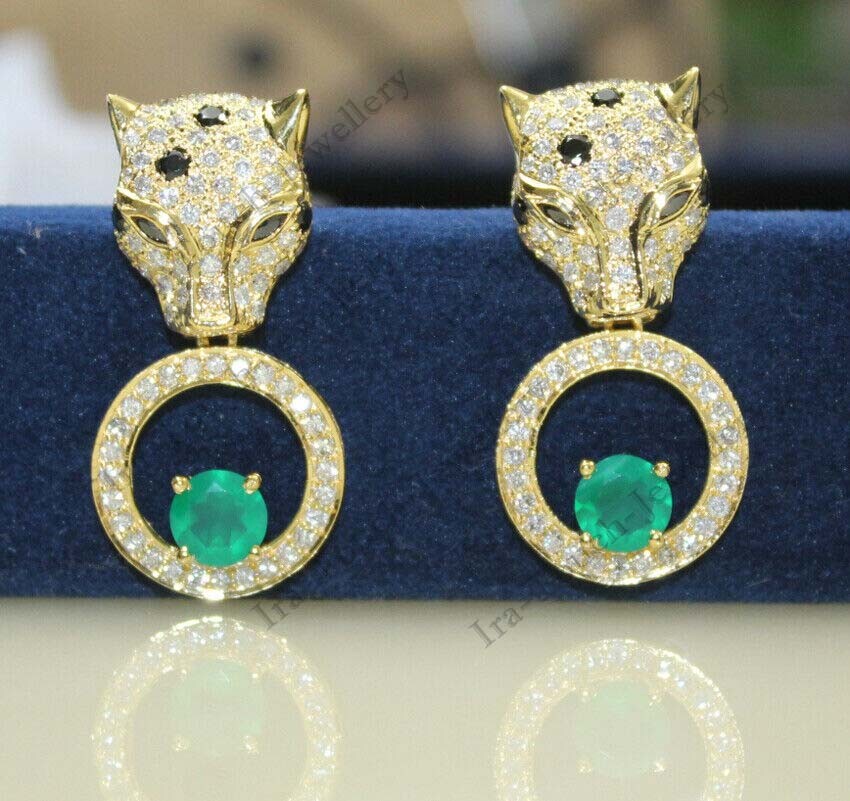 3ct Green Emerald Lab Created 14k Solid Gold Plated Panther Dangle Earrings