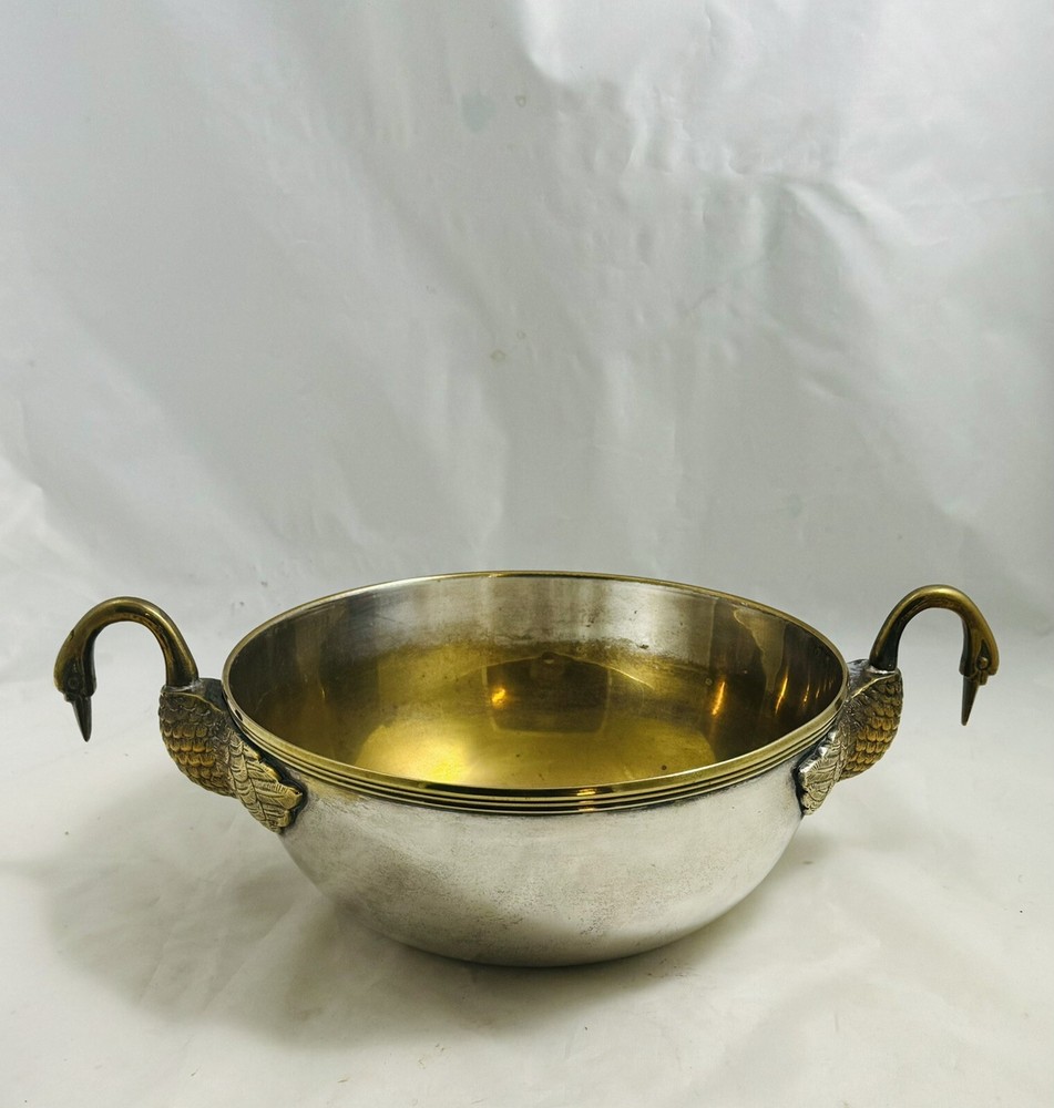 Antique Solid Brass Silverplate Large Bowl With Duck Handles