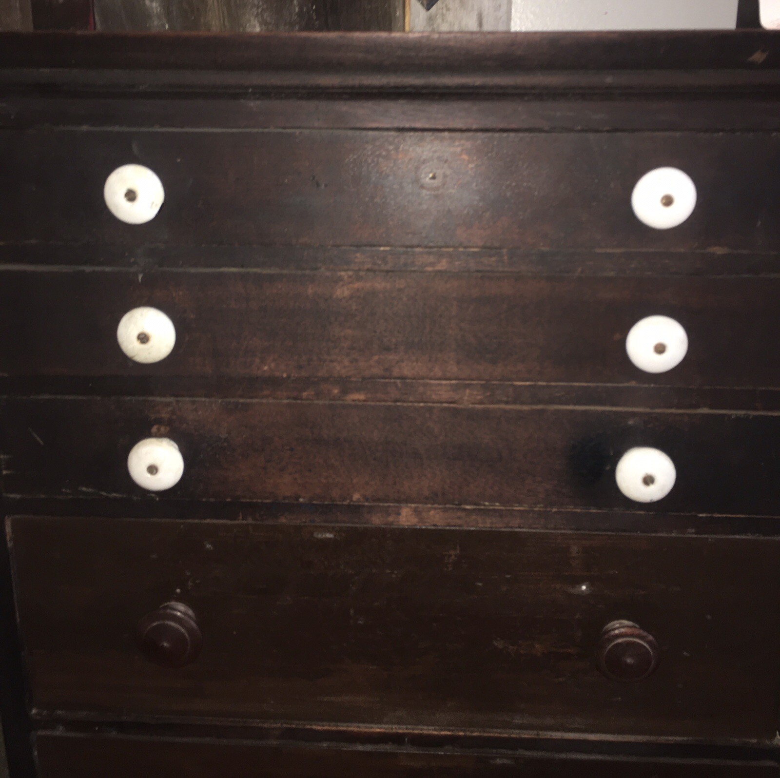 Antique 6 Drawer Wood Cabinet Porcelain Knobs 30x21-1/2x6-1/2