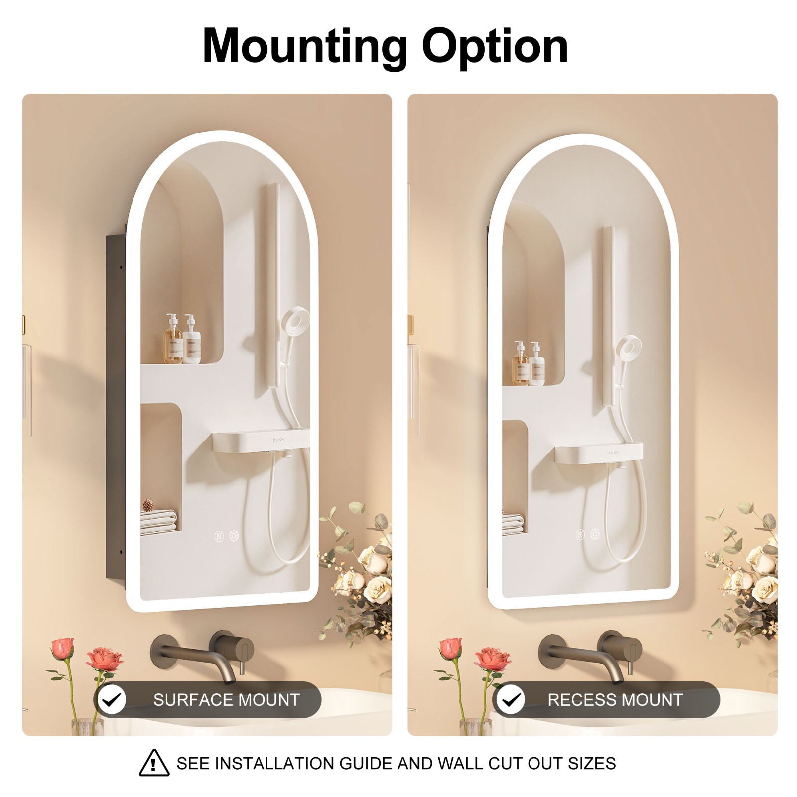 Arched LED Lighted Bathroom Medicine Mirror Cabinet with Anti-Fog Dimmable Light