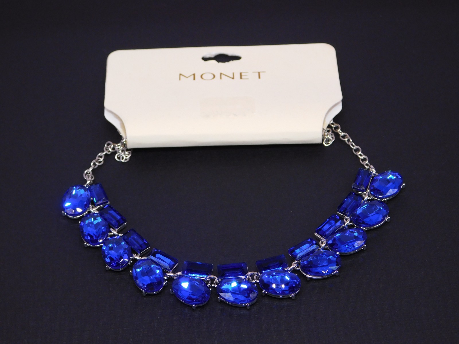 MONET Royal Blue Faceted Glass Rhinestone Statement Necklace New with Tag