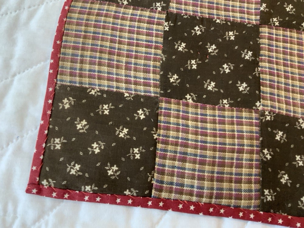 Antique Patchwork Quilt Table Topper, Nine Patch, Brown Florals, Checks