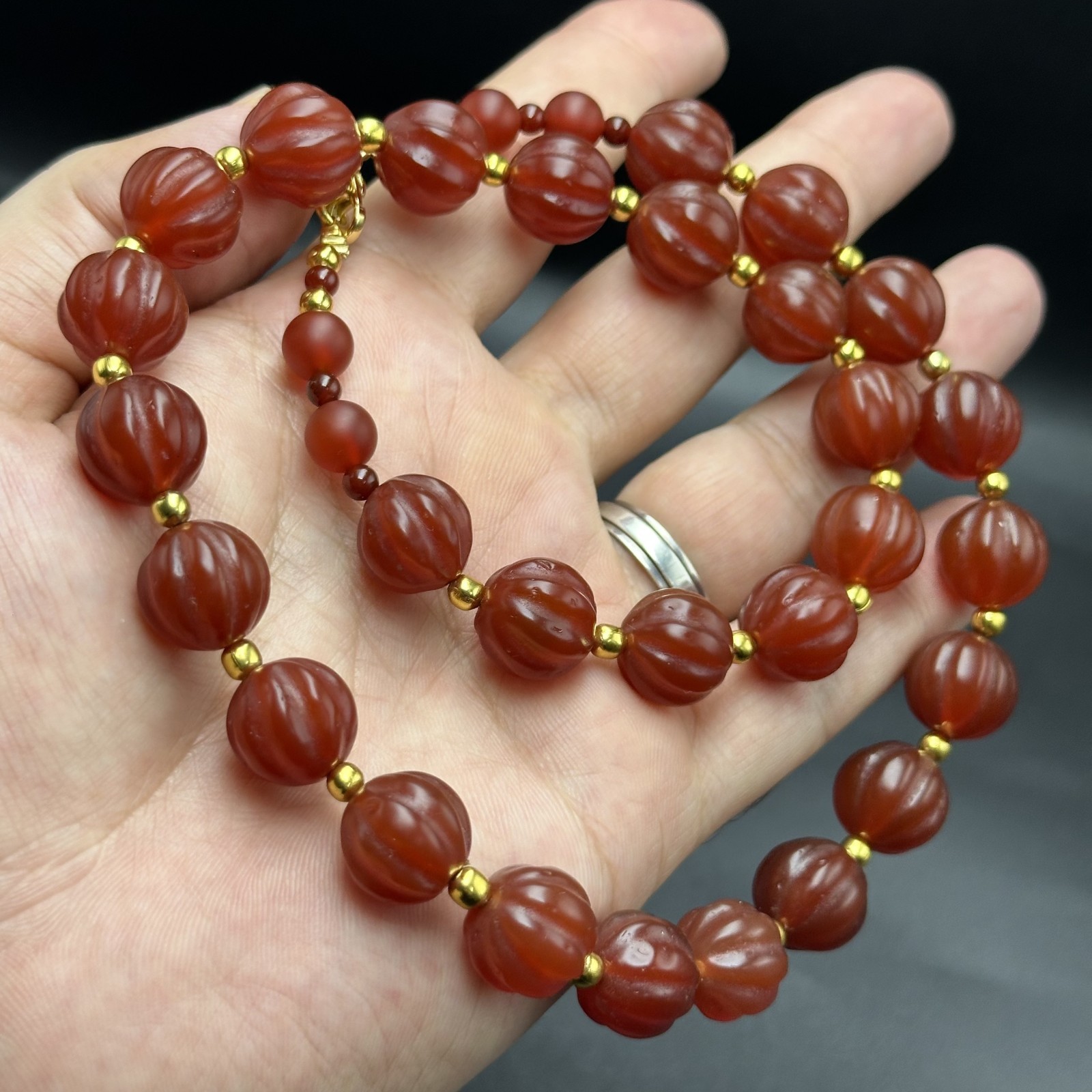 Vintage Himalayan Tibetan Carnelian Carved Agate Melon Shape Beads Necklace