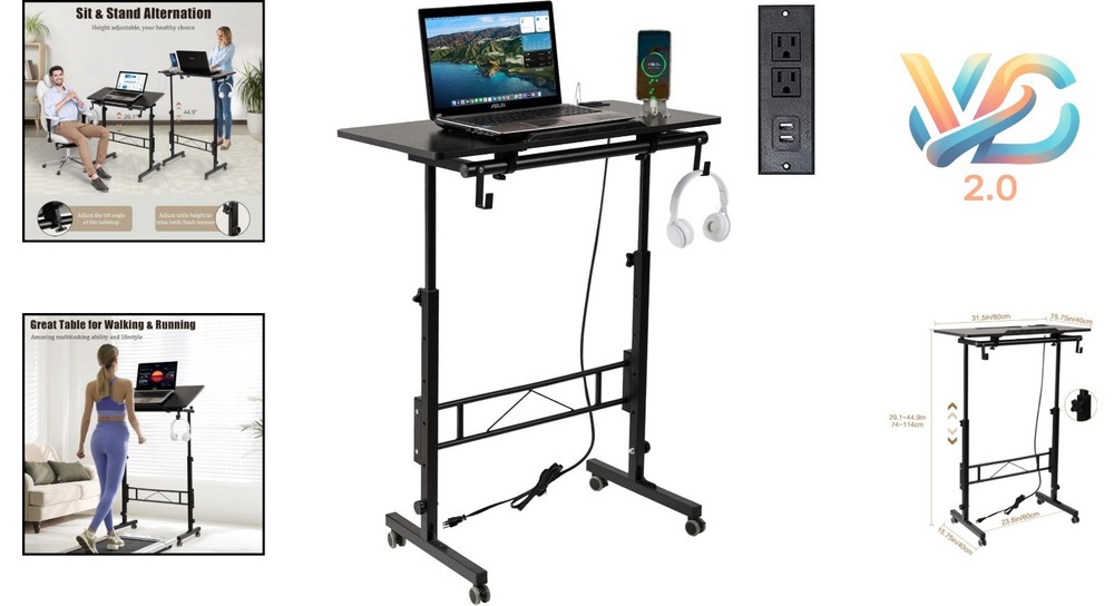 Height Adjustable Standing Desk Treadmill Compatible with Charging Station Black