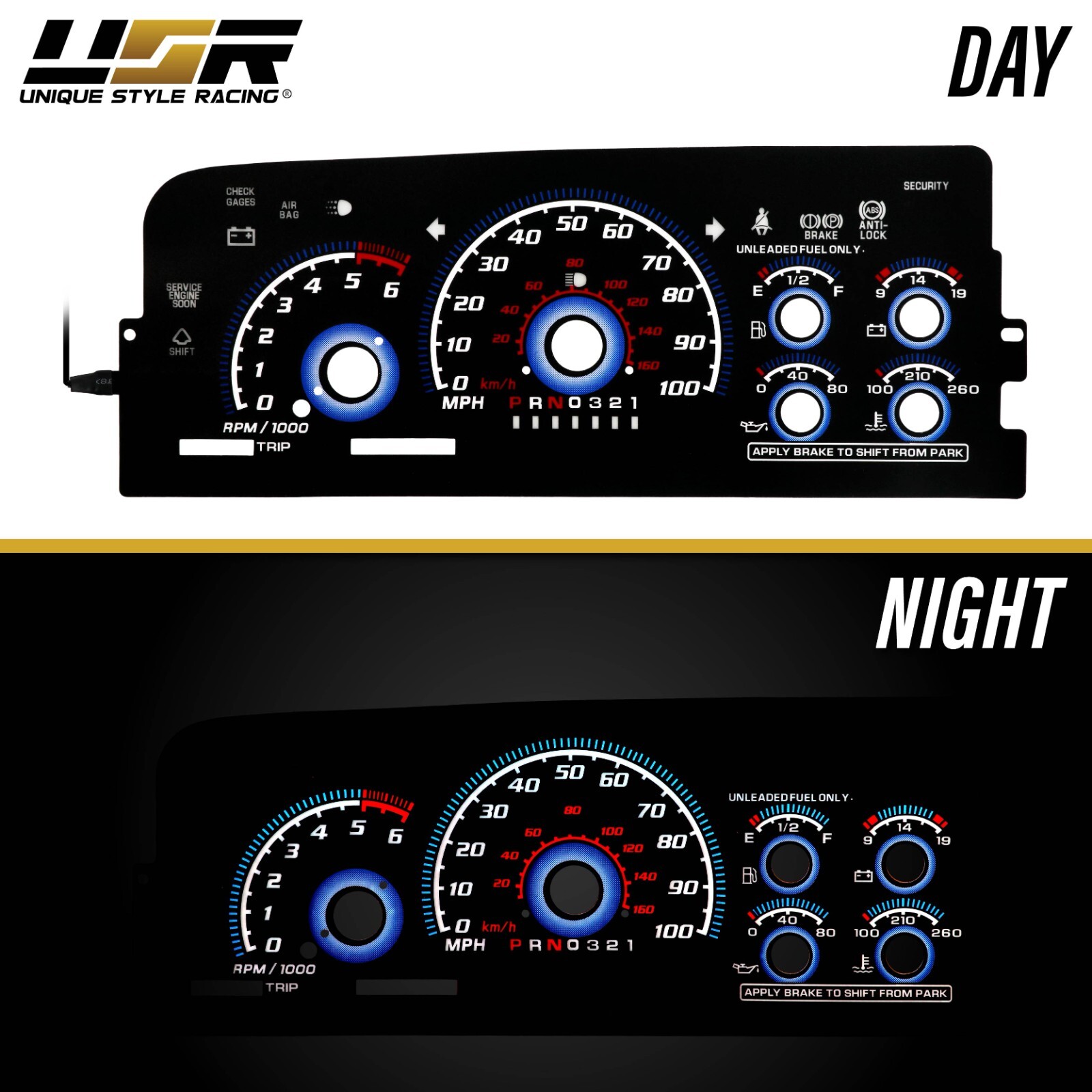 Blue Glow Gauge Black Overlay For 96-99 Chevy CK Truck Suburban Tahoe Cluster
