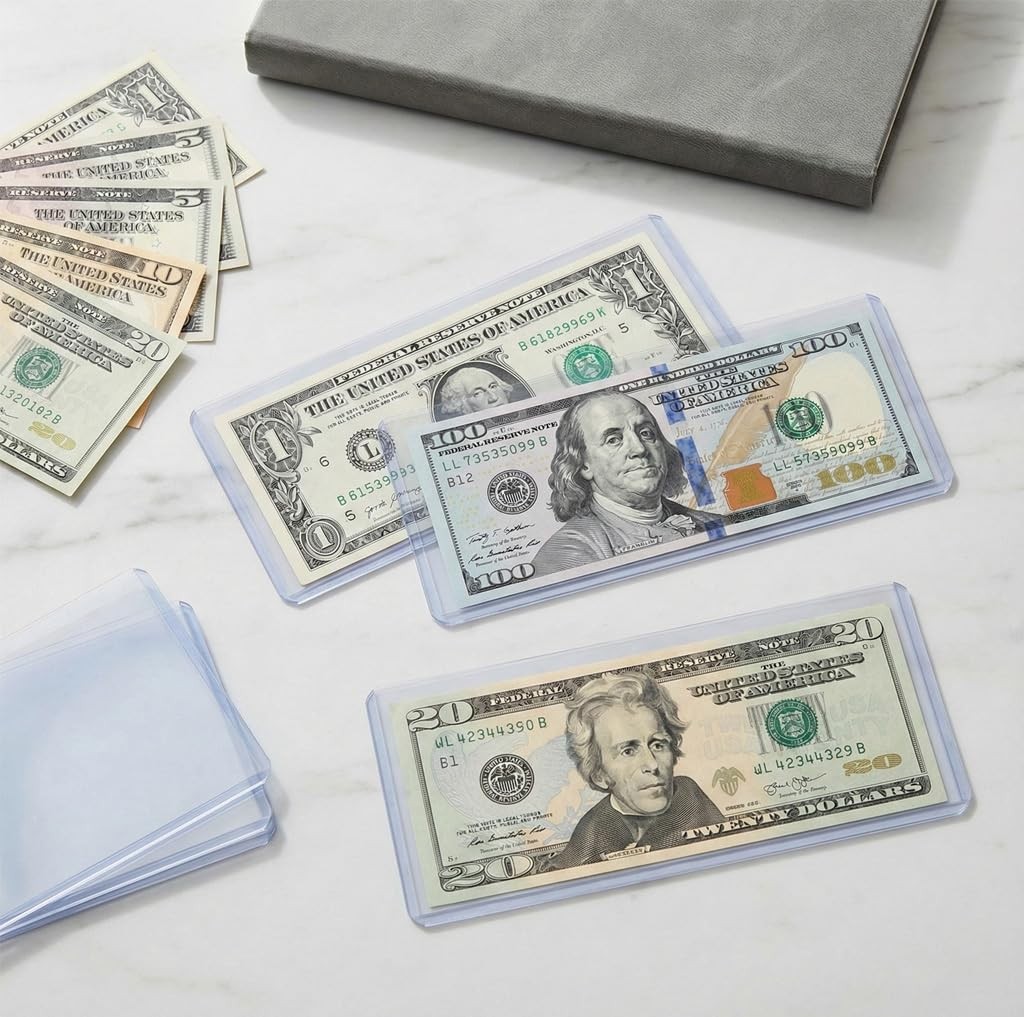 16 Pack Dollar Bill Sleeves, 6.8" x 2.9" Banknotes Top-Insert Holders, Hard...