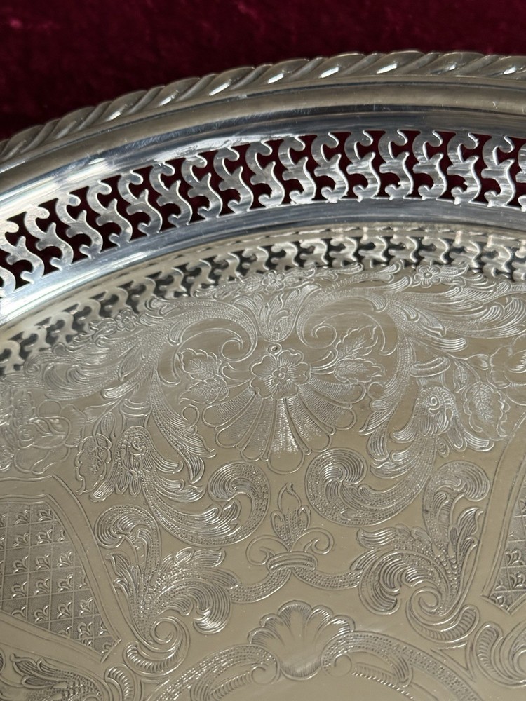 VTG Silver-plate 13” Tray Oneida USA with Scroll Etching Raised Rim Pierced.