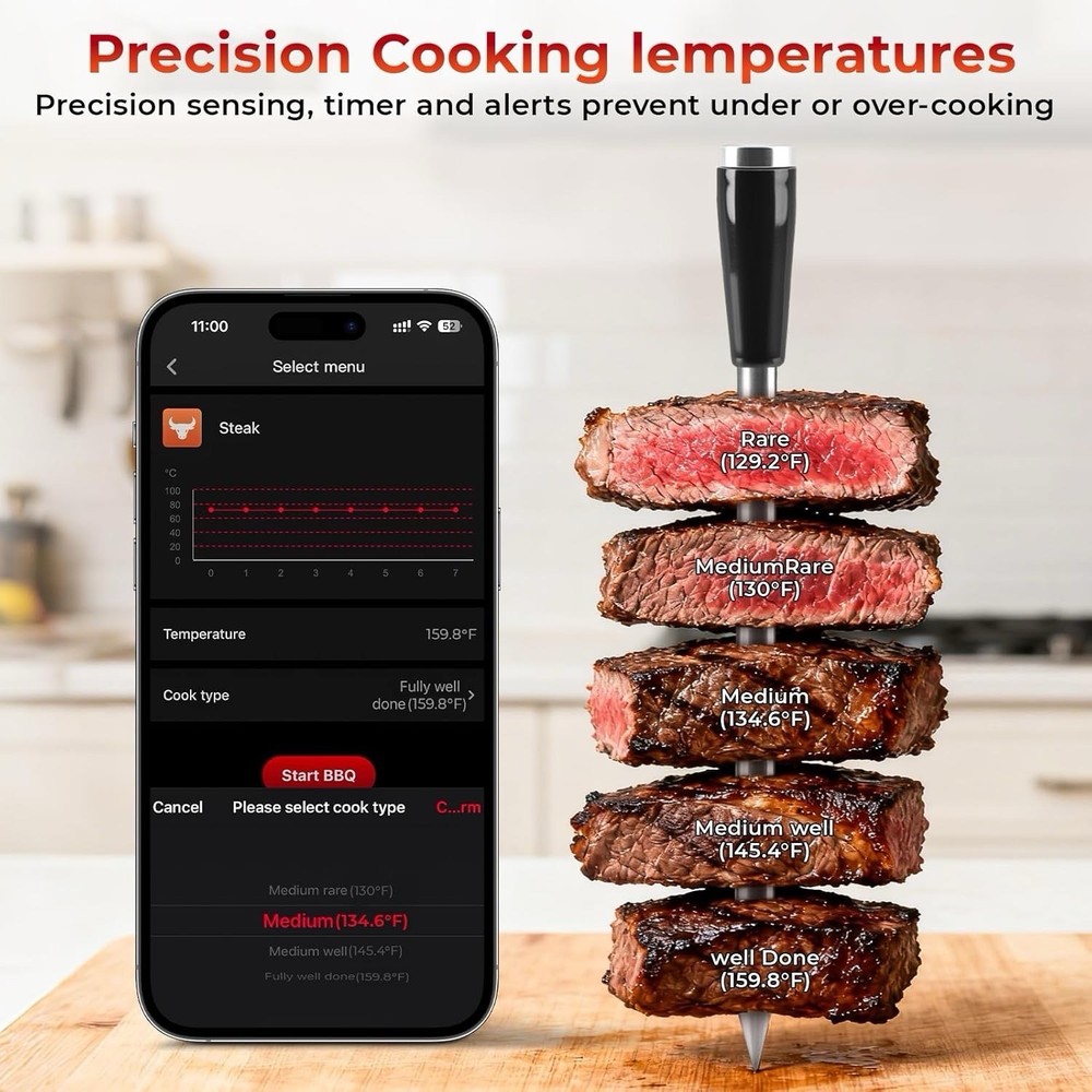 Smart Bluetooth Wireless Meat Thermometer with Probe | Long Range Digital The...