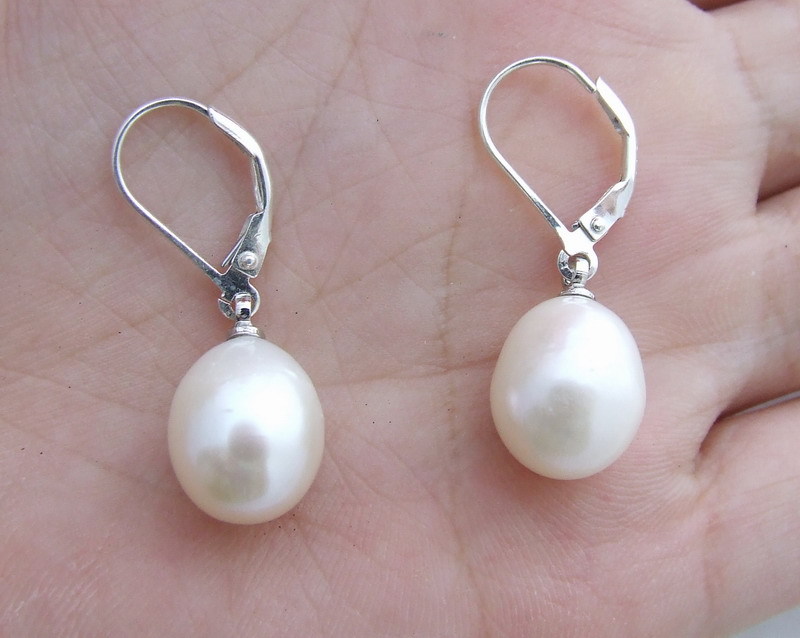 White Rice Pearl Earrings-925  Silver Leve Back