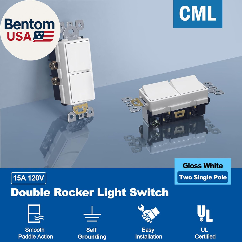 CML Double Paddle Rocker Decorator Light Switch, Single Pole Dual Self-Grounding