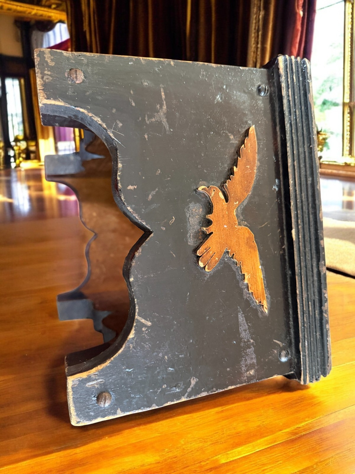 Vintage Floral Tapestry Footstool Wood Base Ottoman Inlaid bird eagle