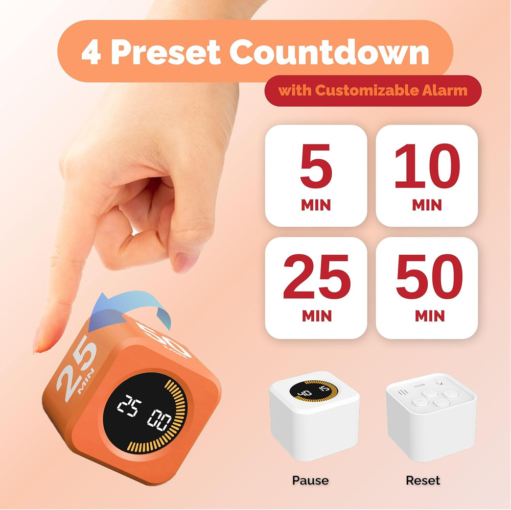 Pomodoro Cube Timer Productivity Visual Timer - 5/10/30/60 Min Rotating Countdow