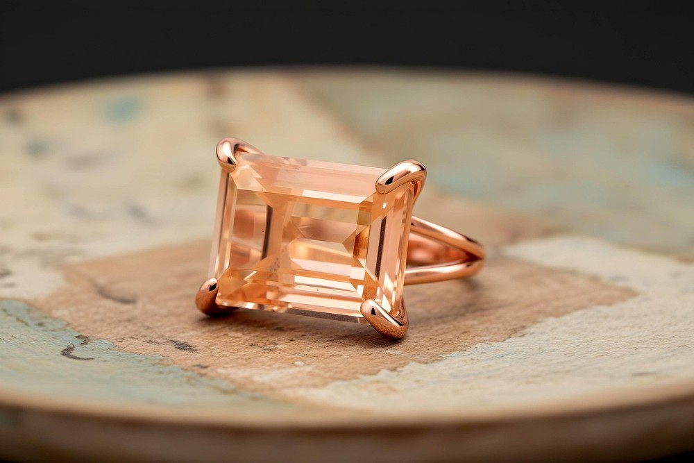 Morganite Ring Anemone 18k Peach Gold Emerald Cut Rectangular Stone