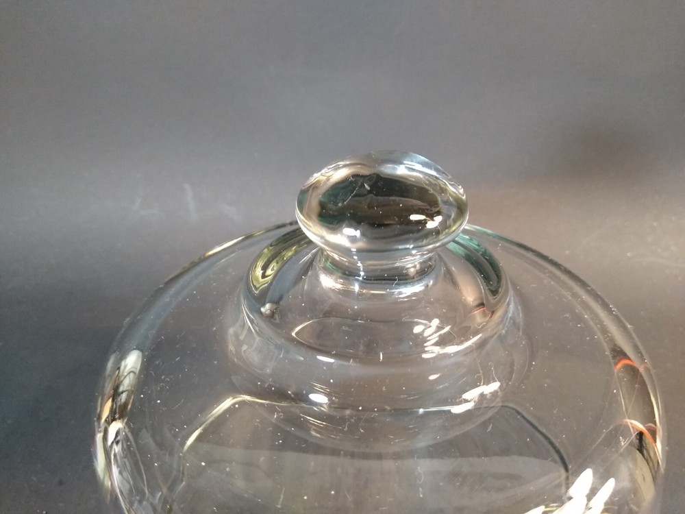 Glass Cheese Dome, monogrammed M light scratching