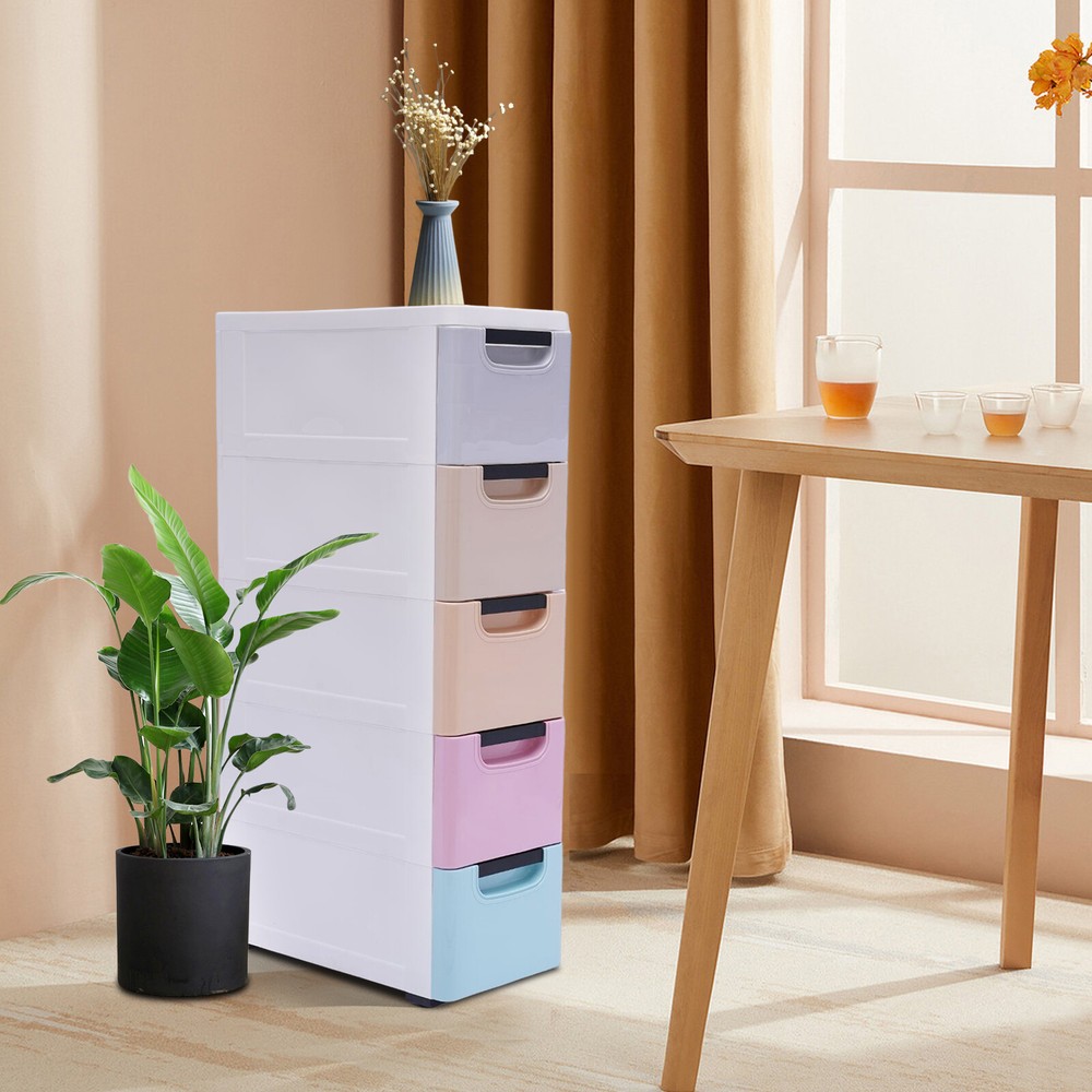 Plastic Storage Cabinet w/5 Drawers, Stackable Vertical Clothes Storage Box PP
