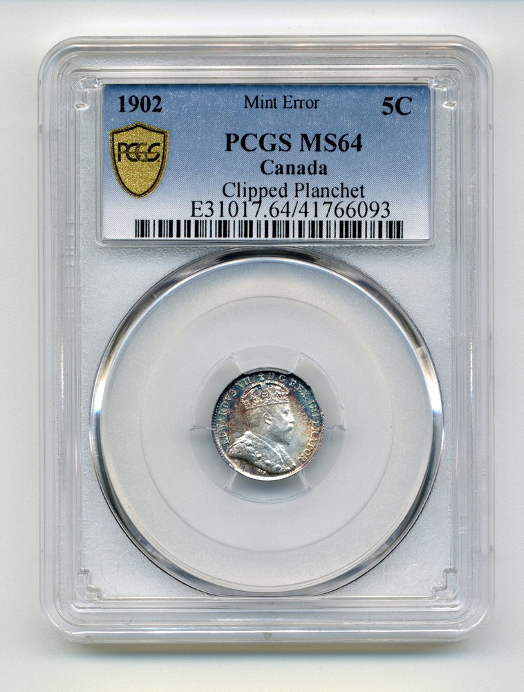 1902 Canada 5 Cent, CLIPPED PLANCHET ERROR - PCGS Uncirculated MS 64