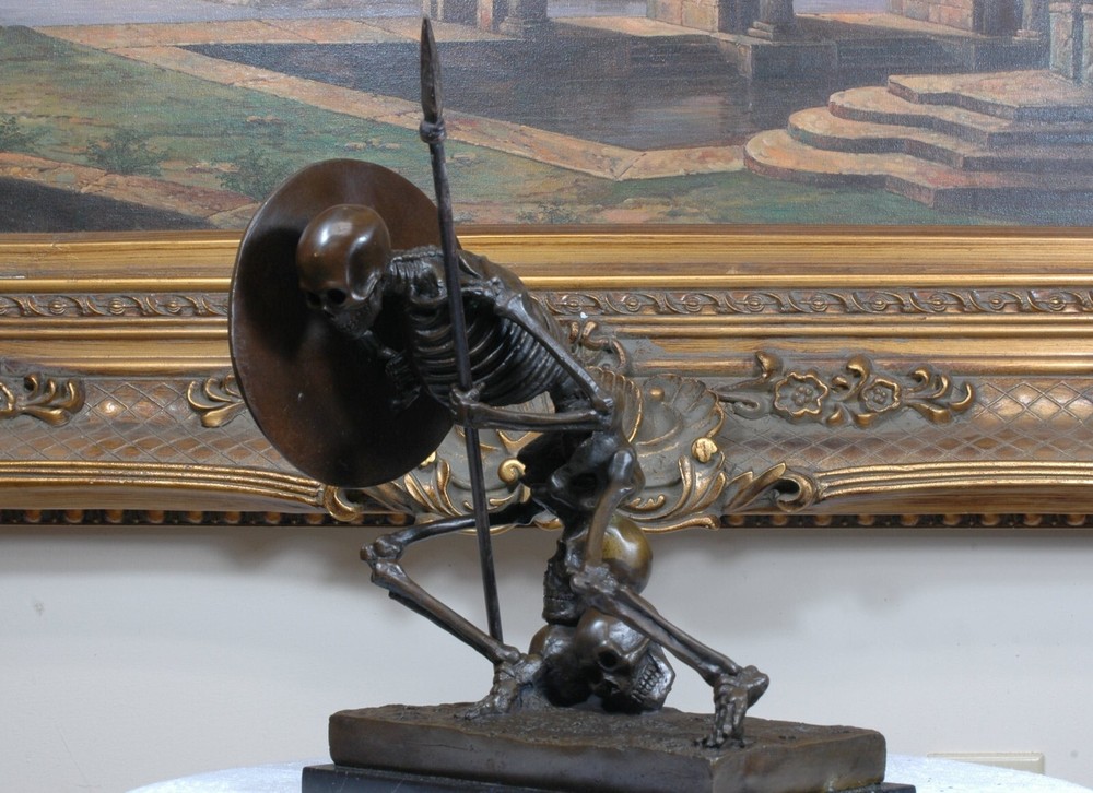 Signed Milo Bronze Statue, Bronze Skull Skeleton Warrior sculpture