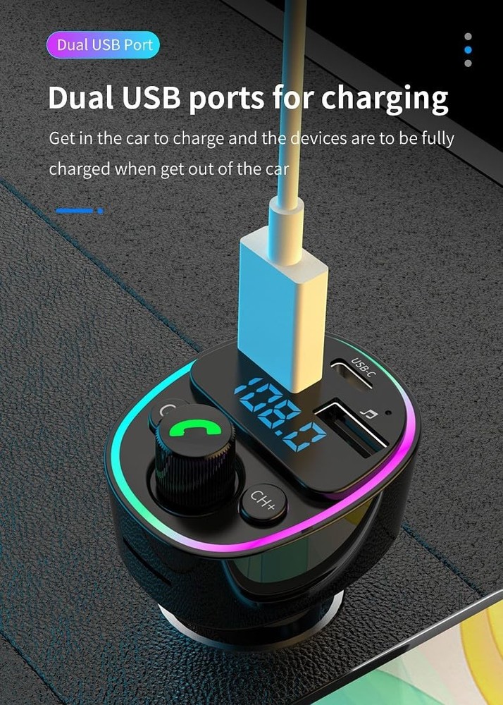 Bluetooth FM Transmitter HiFi Stereo Hands Free Type C USB A Charger Cars