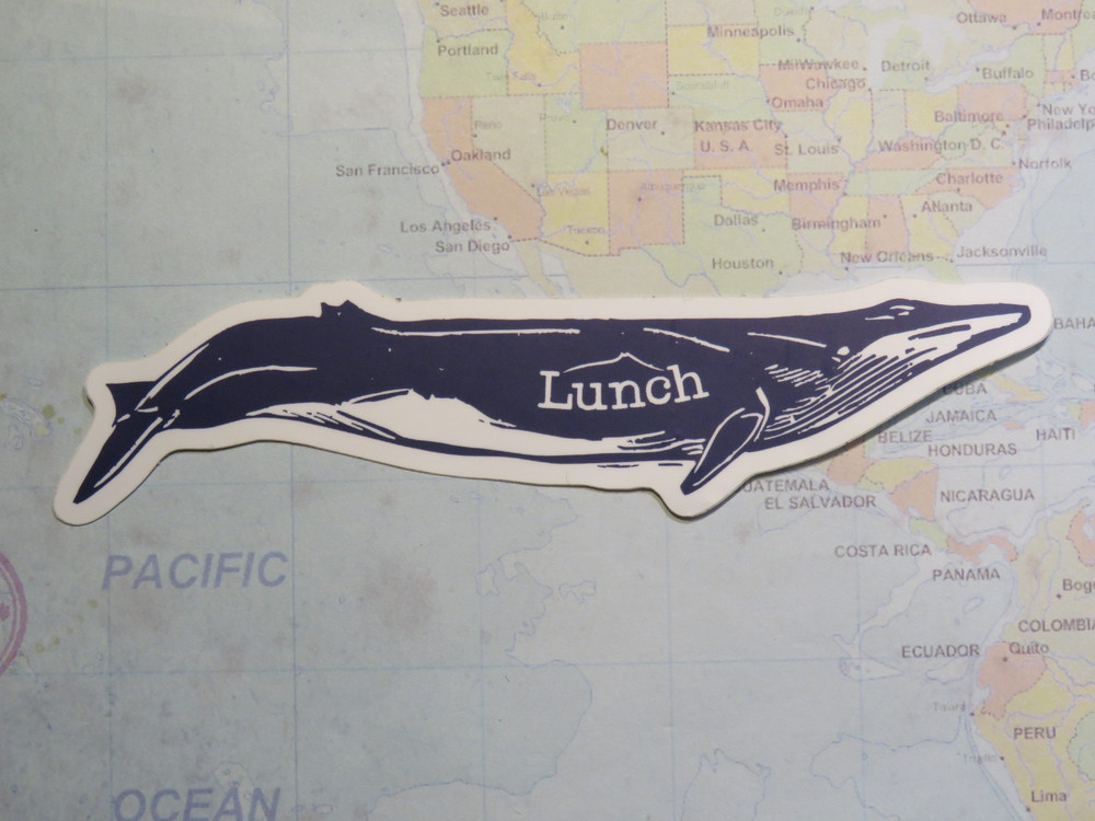 5.5" STICKER ~ Large Blue WHALE with "Lunch" Listed on Side