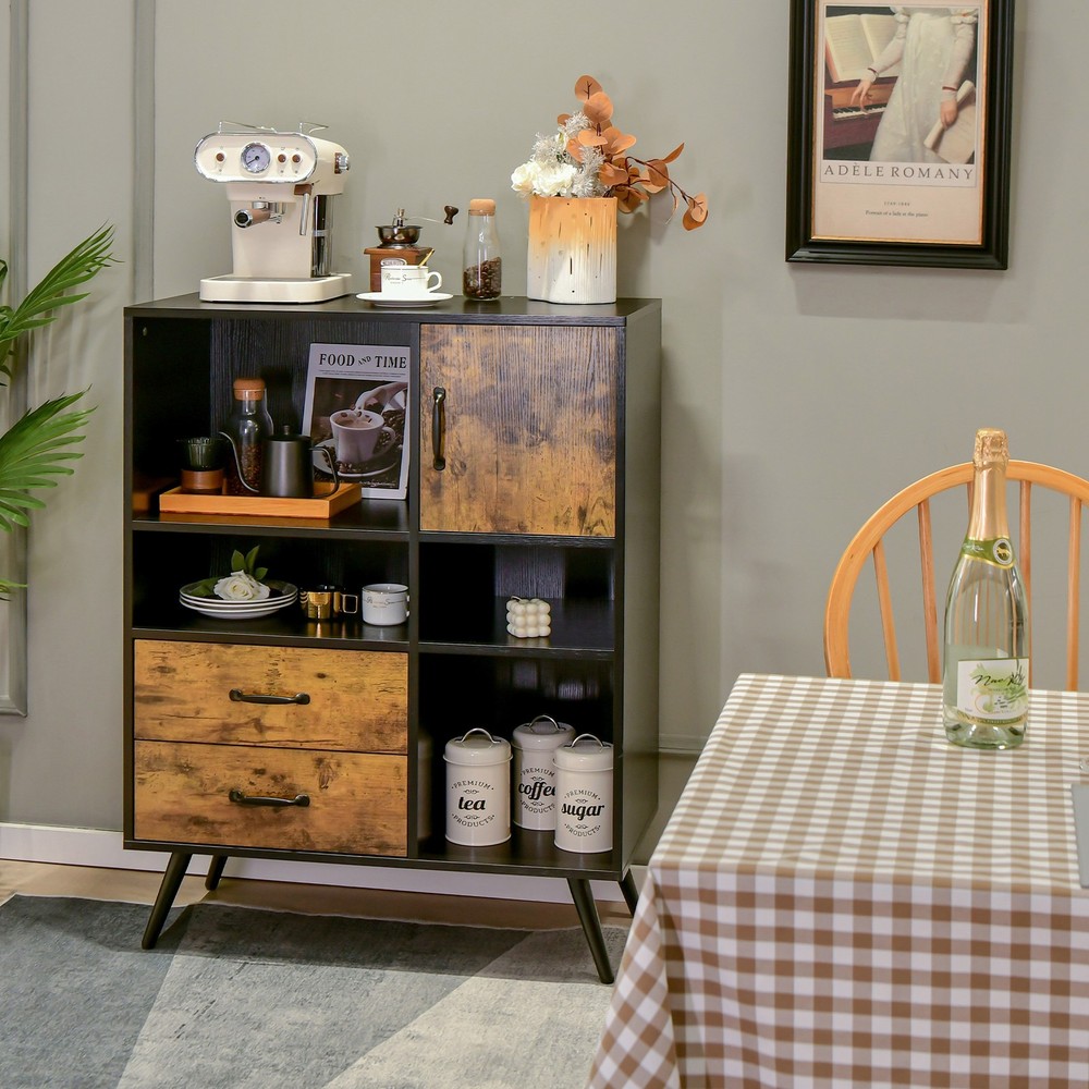 Buffet Cabinet w/ Spacious Tabletop & 2 Pull-out Drawers Rustic Brown Black