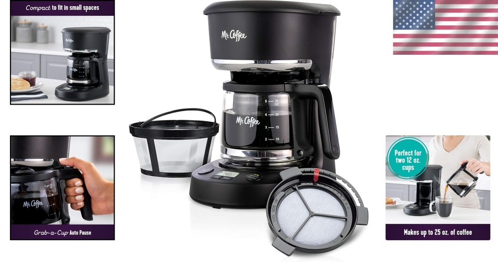 Programmable 5-Cup Coffee Maker for Small Spaces with Reusable Filter & Carafe