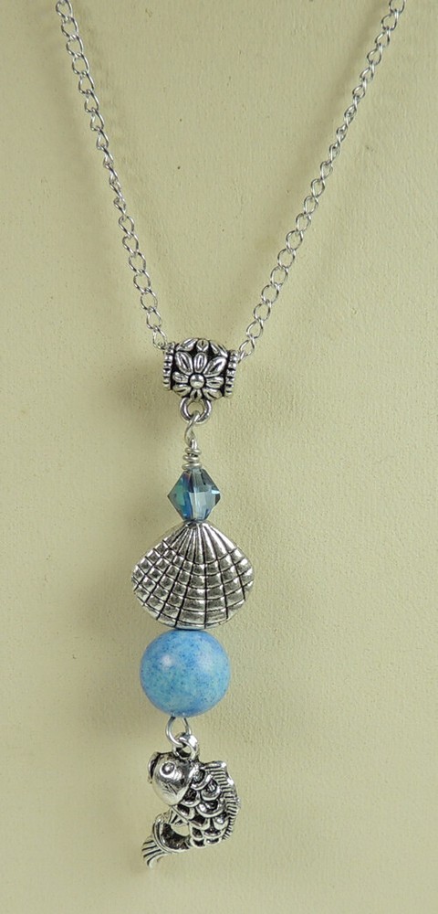 handcrafted Howlite & Crystal Shell & Fish Charm Chain Necklace