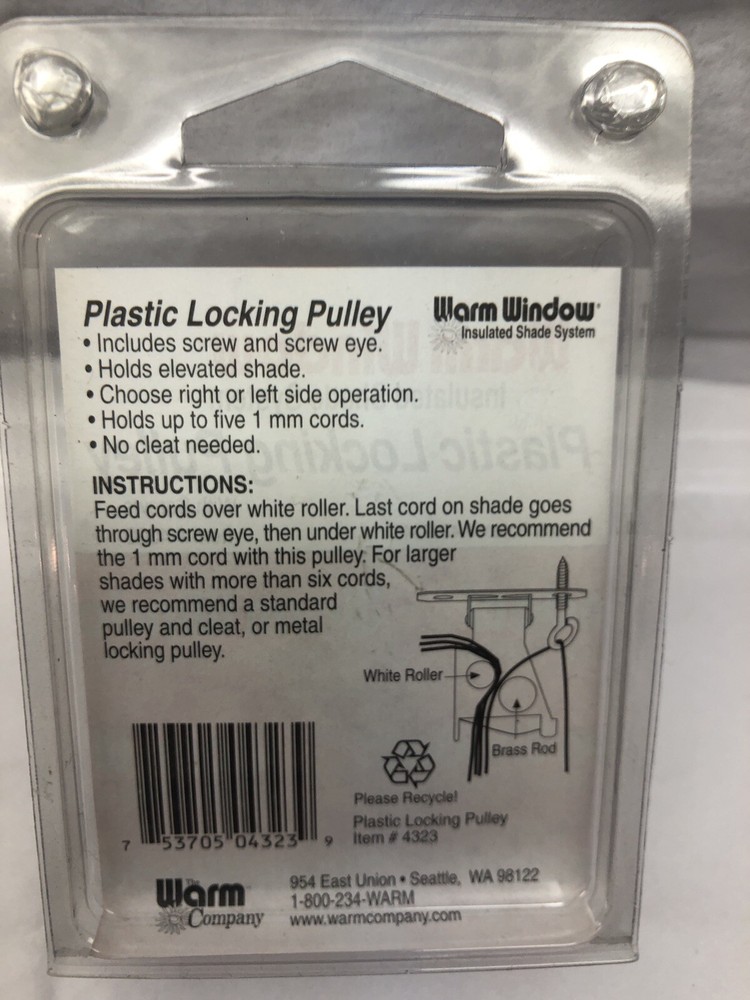 Plastic Locking Pulley ~ Warm Window Insulated Shade System ~ #4323 NIP