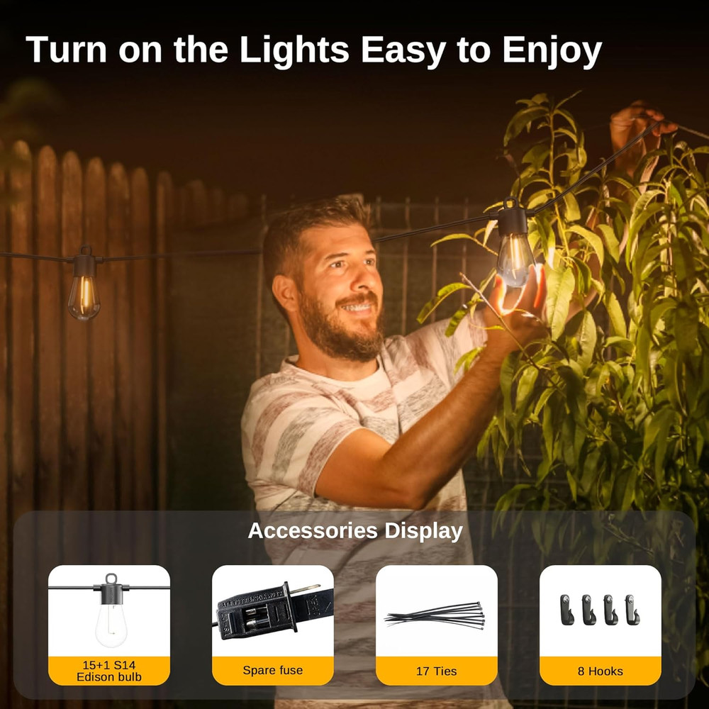 Outdoor String Lights LED 48FT, Patio String Lights Waterproof with 15 Shatterpr
