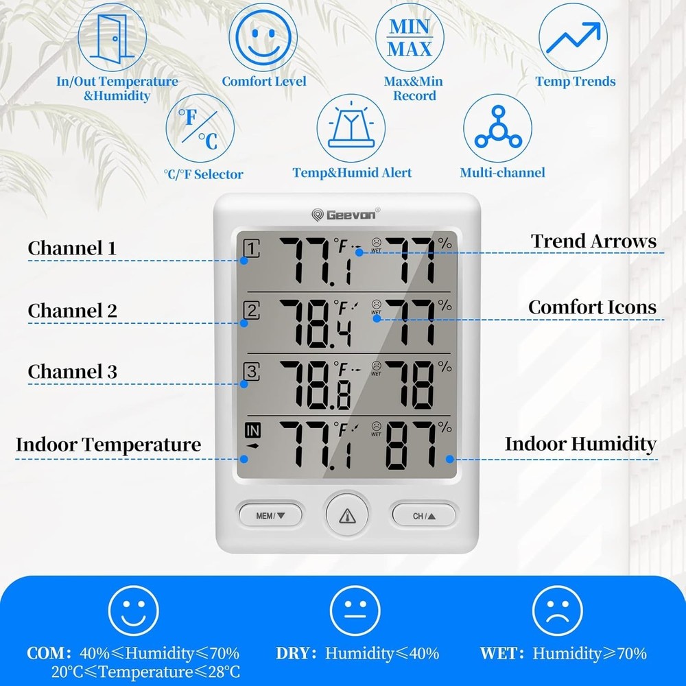 Multi-Function Wireless Hygrometer & Thermometer with 3 Sensors – Indoor/Outdoor