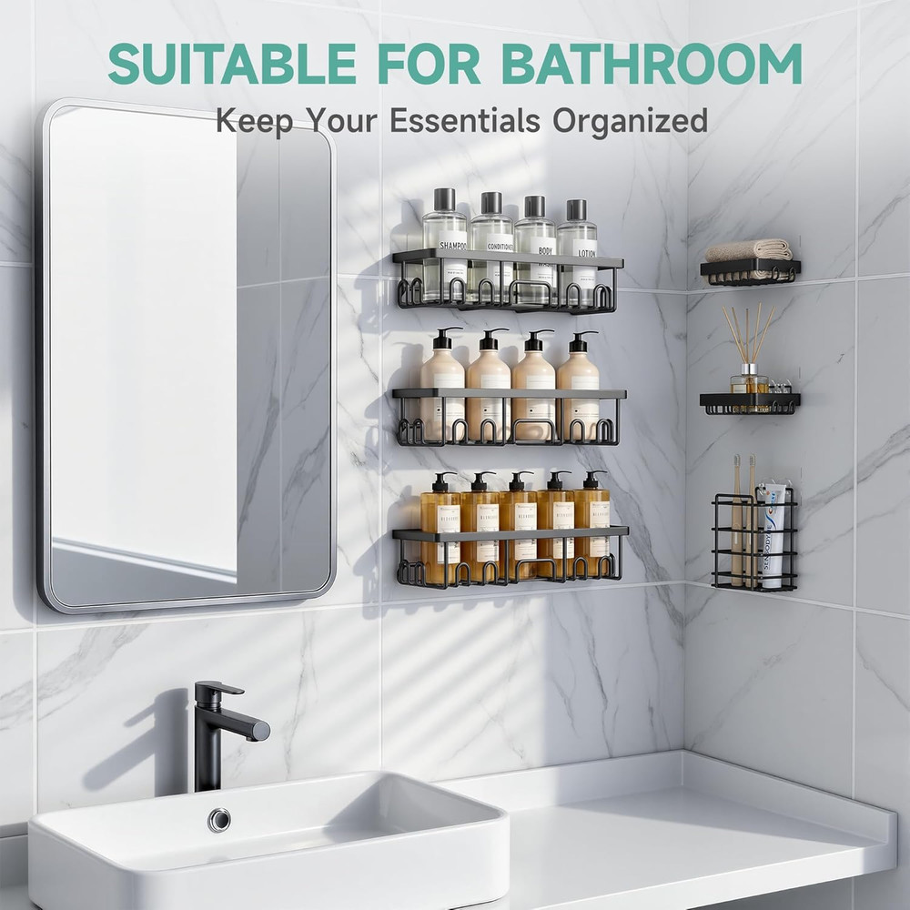 Shower Caddy 6-Pack, Advanced Rustproof Design, No Drilling Adhesive Shelves