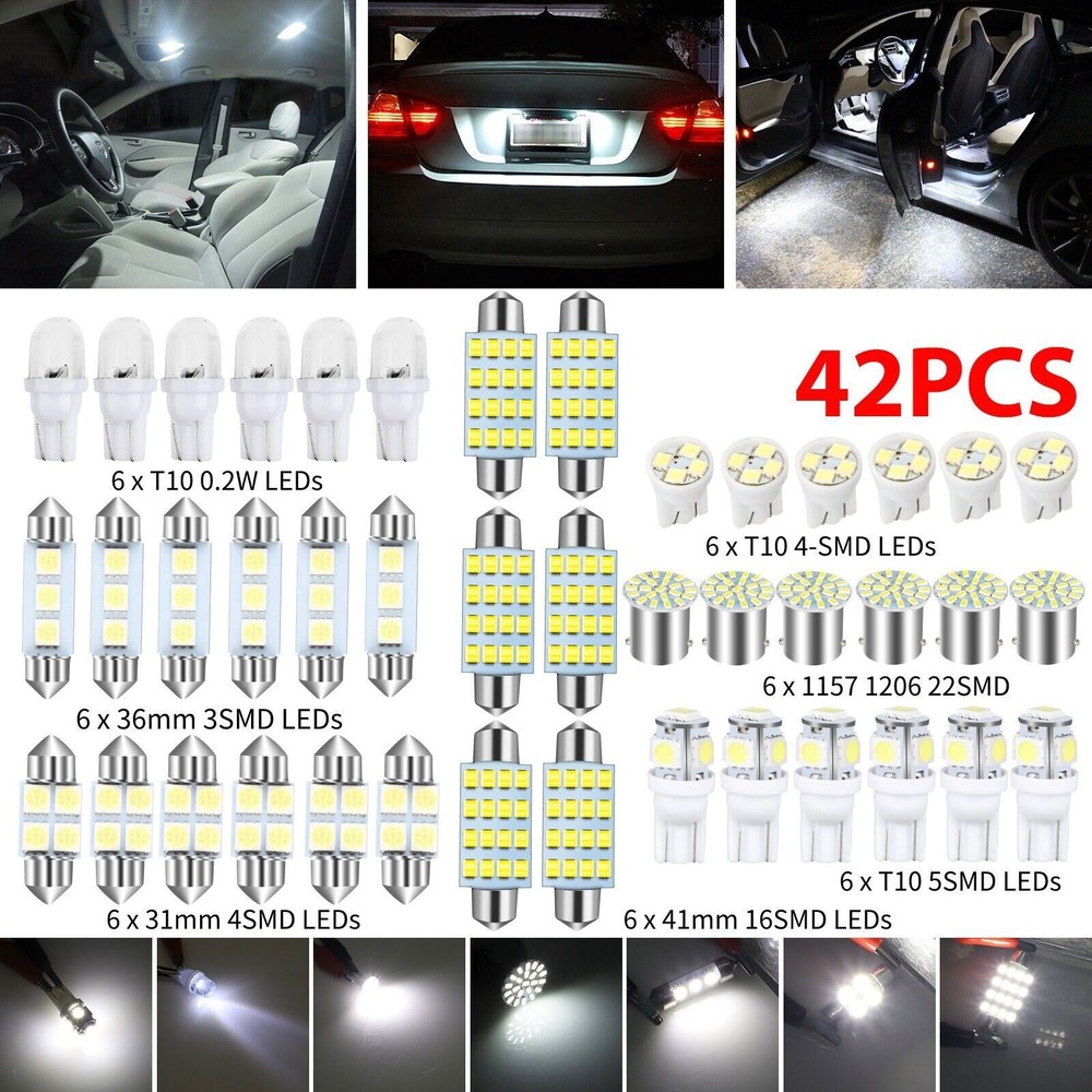 42Pcs Car Interior Combo LED Map Dome Door Trunk White License Plate Light Bulbs