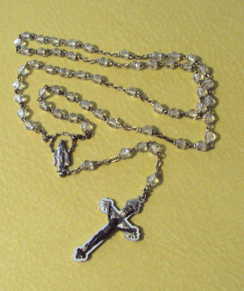 VINTAGE SILVER TONE AND CLEAR CRYSTAL ROSARY BEAD #TG