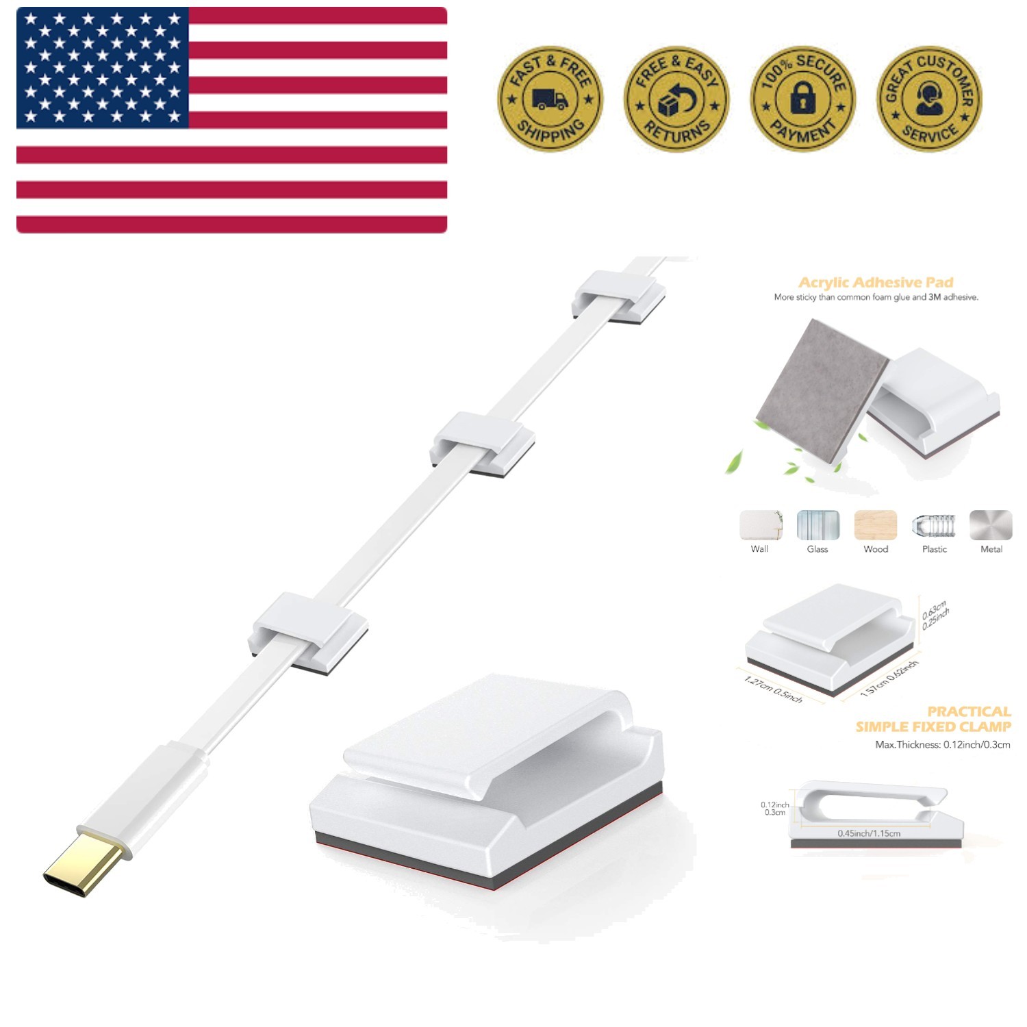 Ethernet Cable Clips, 100 PCS Adhesive Wire Clips, Flat Cord Clips Small Cabl...